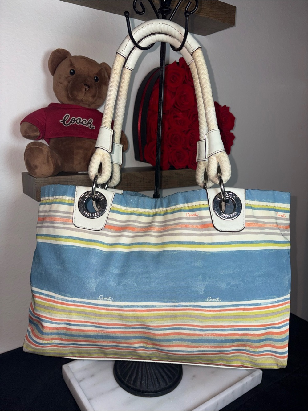 Coach Beach Tote Blue Multicolor Striped Canvas Tote with White Rope Handles